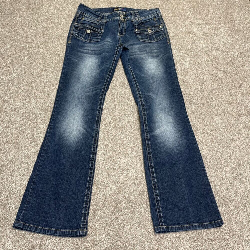 Y2K Indie Angels Low Rise Flap Pocket Indigo Dark Wash Bootcut Jeans sz 15